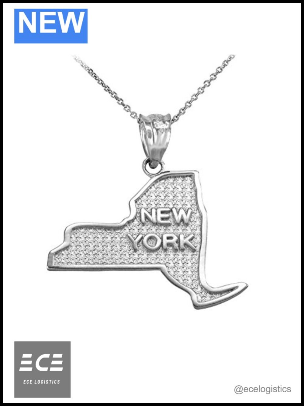 925 Sterling Silver New York State Map Pendant Necklace 22" Rolo Chain USA